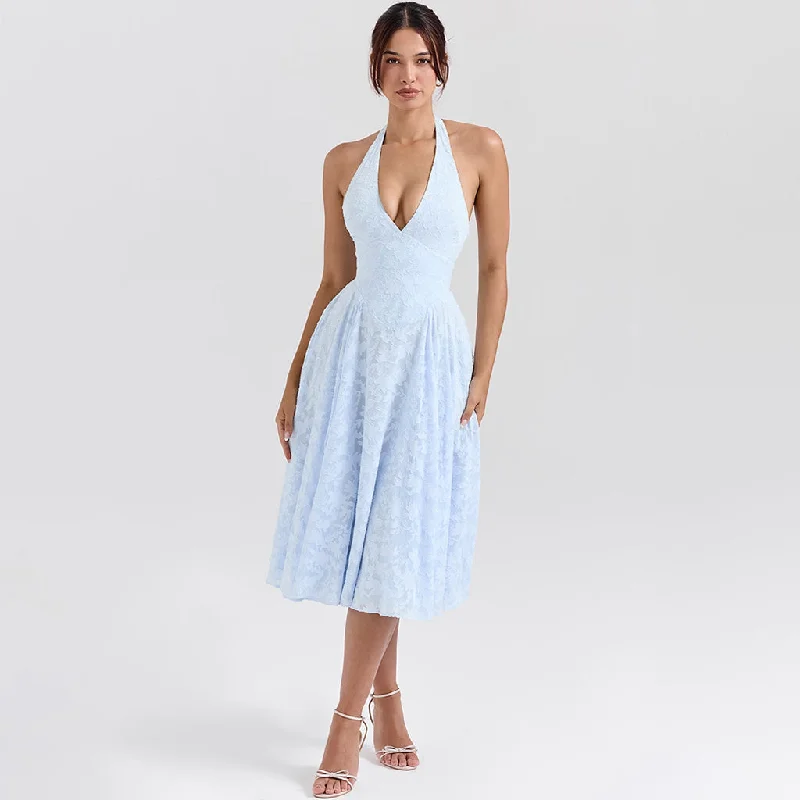 women's machine-washable dressesElegant Plunge Halter Sleeveless Drop Waist Floral Jacquard Cocktail Midi Dress