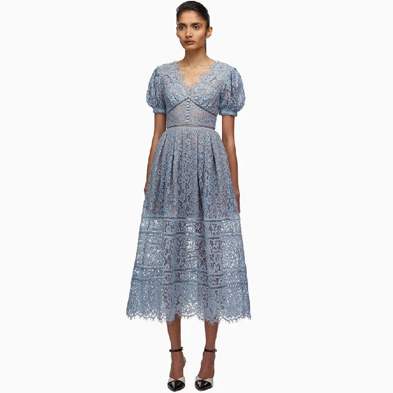 women's eco-friendly dressesElegant Puff Sleeve V Neck Embroidered Lace Midi Dress - Dusty Blue