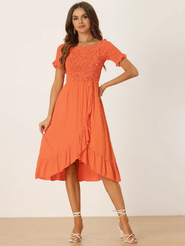 women's long-sleeved dressesSummer Shirred Off Shoulder Ruffle Split Hem Midi Dress