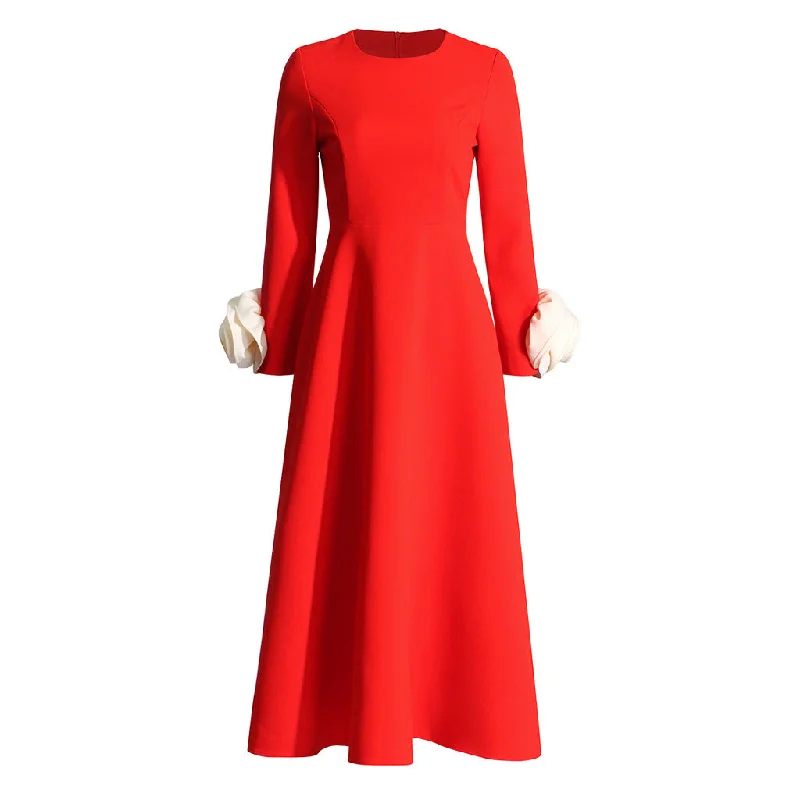 women's casual dressesVintage Round Neck Long Sleeve Fit and Flare Crepe Rosette Trim Midi Dress