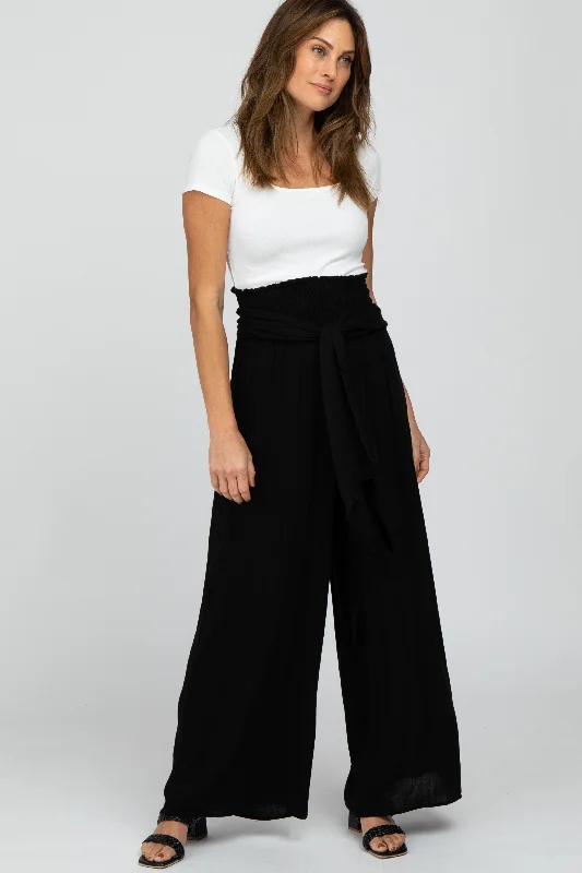 women's stretch pantsBlack High Waist Tie Front Wide Pants