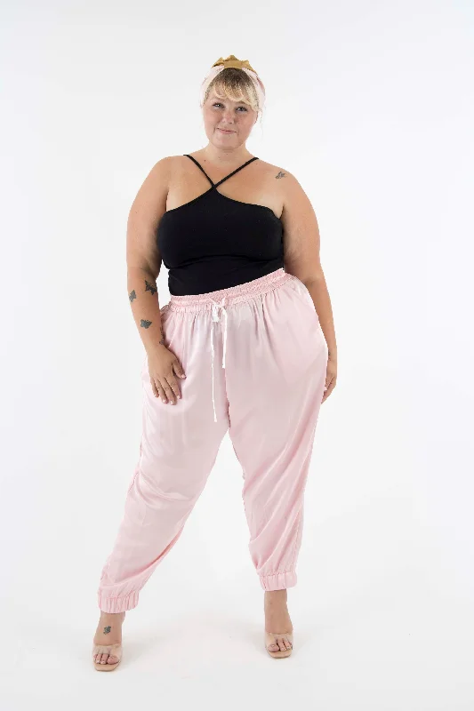 women's ankle-length pantsThe Wardrobe Hero Italian Silk Jogger Pant with High Waist - Pink