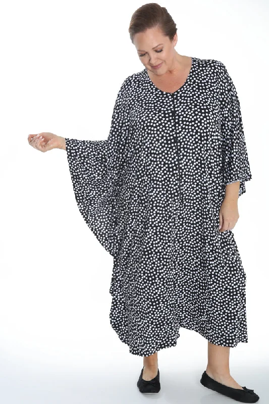 women's plus-size pantsVikki Vi Jersey Black and Ivory Random Dots Zip Front Caftan