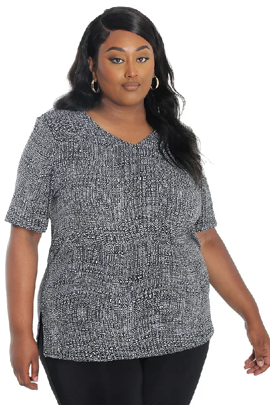 women's active pantsVikki Vi Jersey Salt & Pepper V-Neck Short Sleeve Tunic