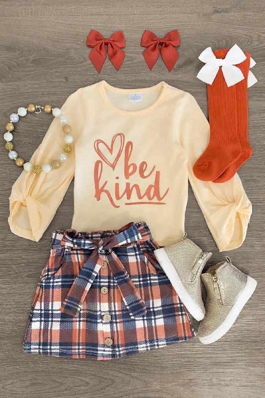 Laced-Up Dress"Be Kind" Orange Plaid Skirt Set