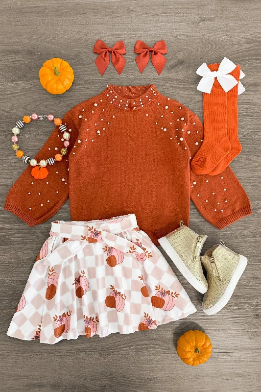 women's lace-up dressesBurnt Orange Pearl Sweater Checkered Pumpkin Skirt Set