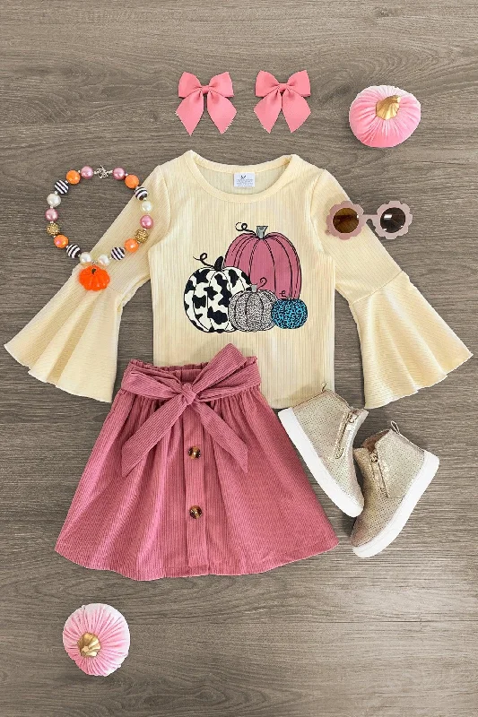 Polka-Dot DressCream & Mauve Pumpkin Corduroy Skirt Set