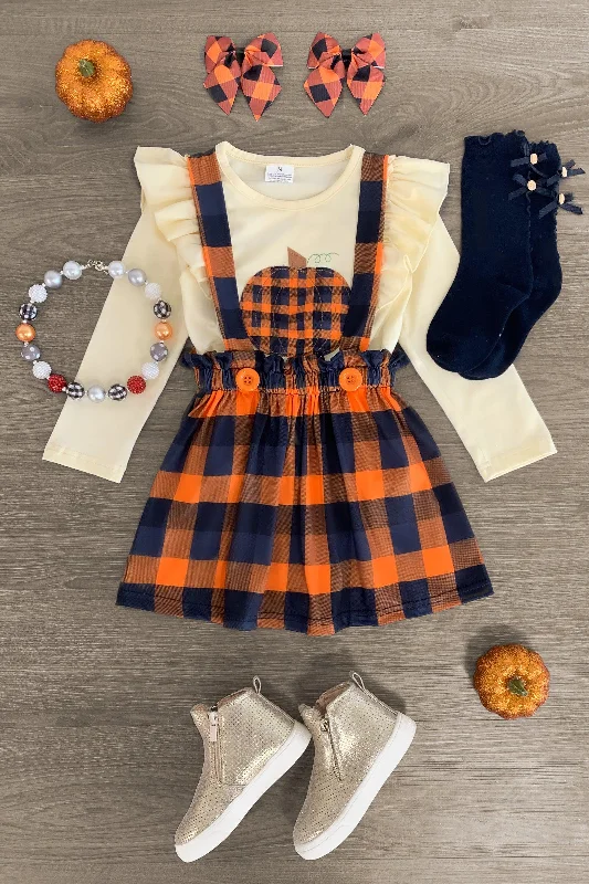 women's high-low dressesOrange Plaid Pumpkin Suspender Skirt Set