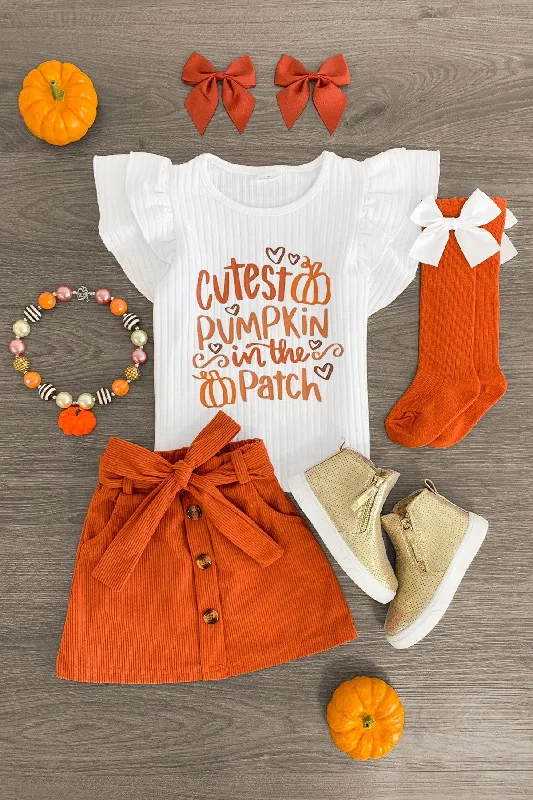 women's beach dresses"Cutest Pumpkin In The Patch" Orange Corduroy Skirt Set