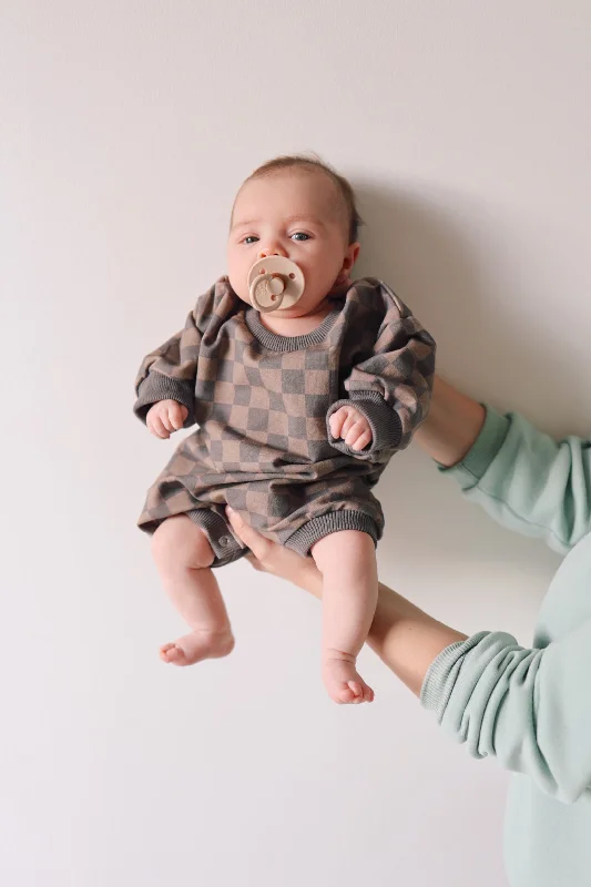 Nursing DressFaded Brown Checkerboard  | Long Sleeve Romper