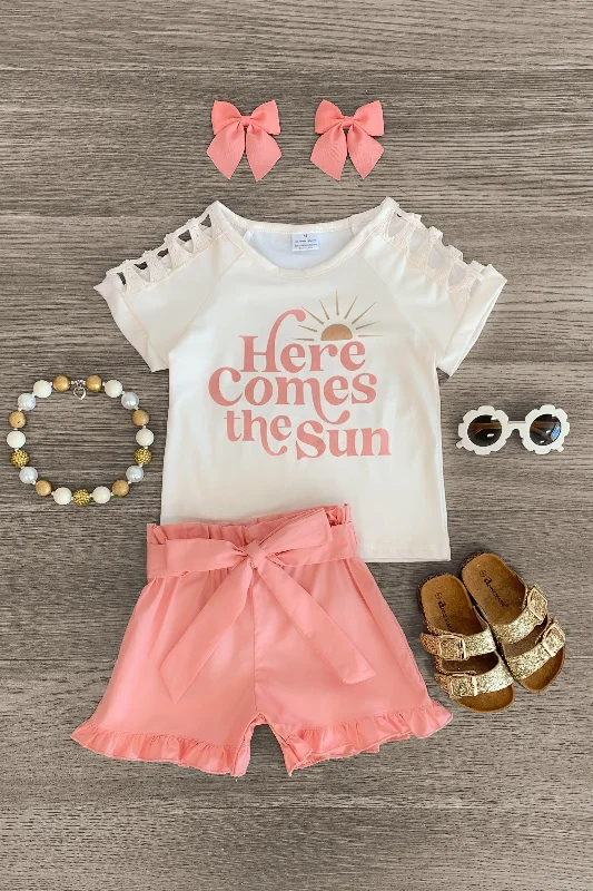 Solid Color Dress"Here Comes The Sun" Cream & Coral Short Set