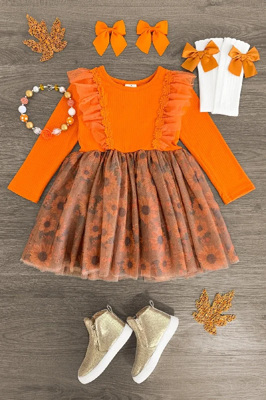 women's curve-hugging dressesOrange Autumn Sunflower Tulle Dress