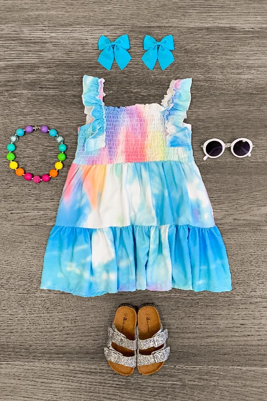 Short-Sleeve DressBlue & Rainbow Sky Ruffle Dress