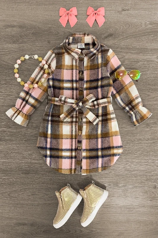 Tiered DressPink & Brown Plaid Button Flannel Dress