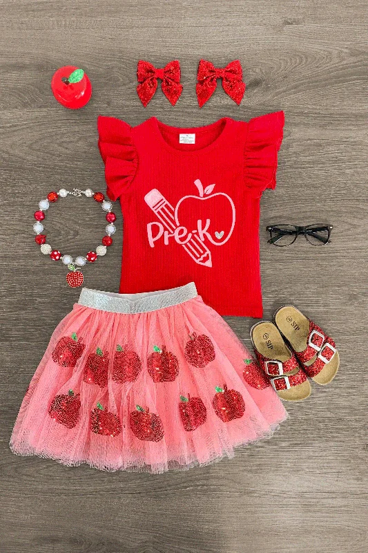 women's cotton dresses"Pre-K - 4th Grade" Pink Apple Tutu Skirt Set