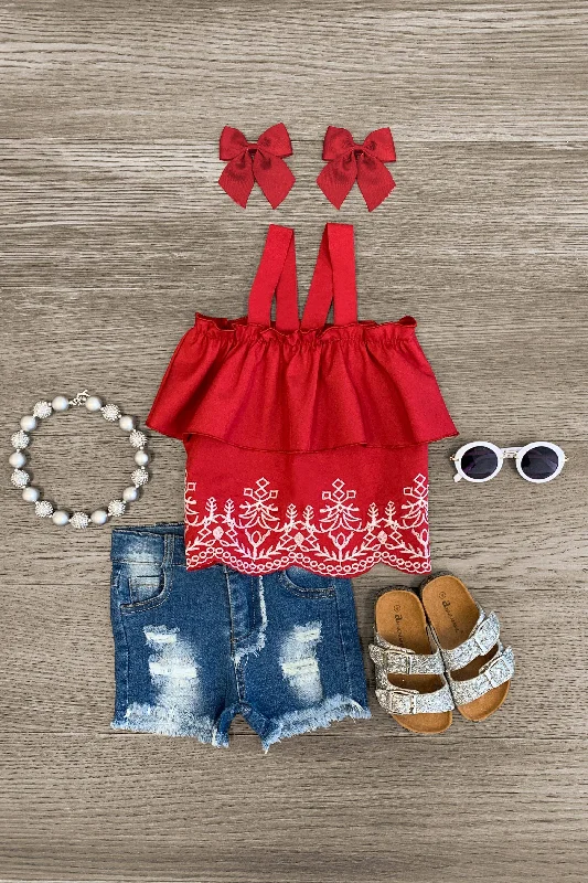 Body-Hugging DressRed Embroidery Tank Distressed Short Set