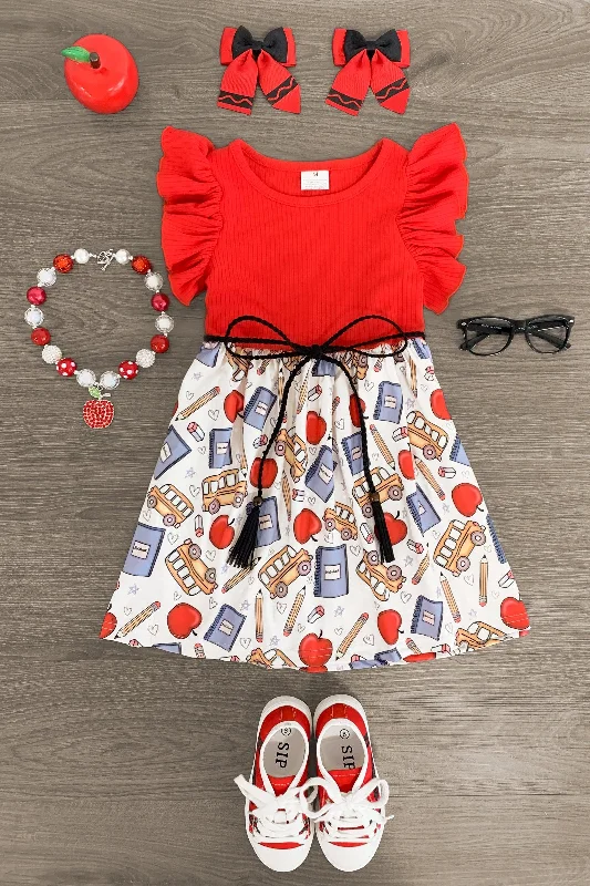 Solid Color DressRed School Bus & Supplies Dress