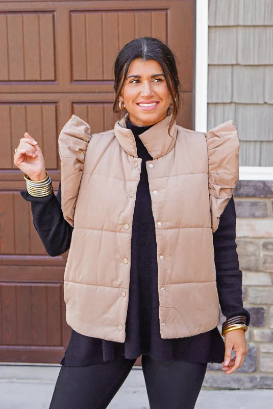 women's satin dressesRuffled Puffer Caramel Quilted Vest