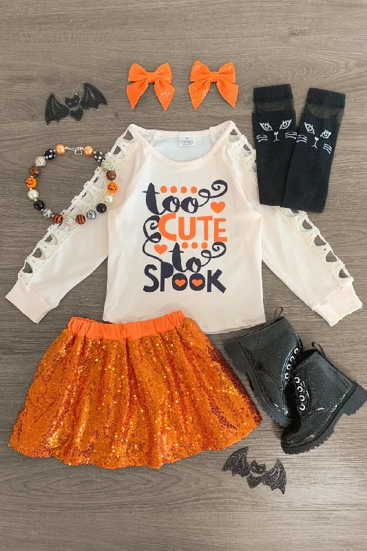 Cut-Out Dress"Too Cute To Spook" Orange Sequin Skirt Set