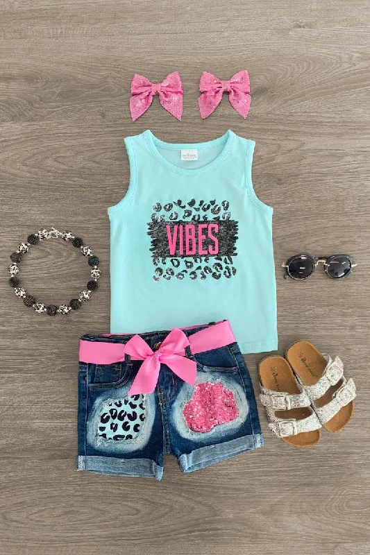 Fit-And-Flare Dress"Vibes" Blue Cheetah Denim Short Set