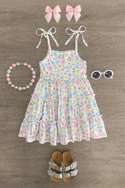 Peplum Hem DressWhite Pastel Floral Tie Shoulder Dress