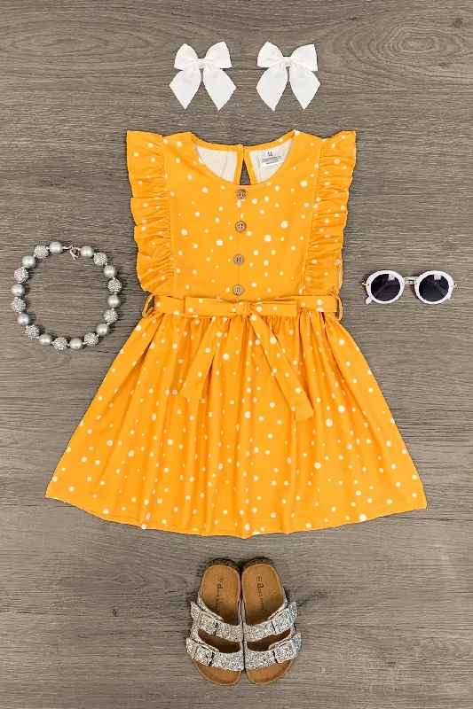 women's fair-trade dressesMustard Polka Dot Ruffle Tie Dress