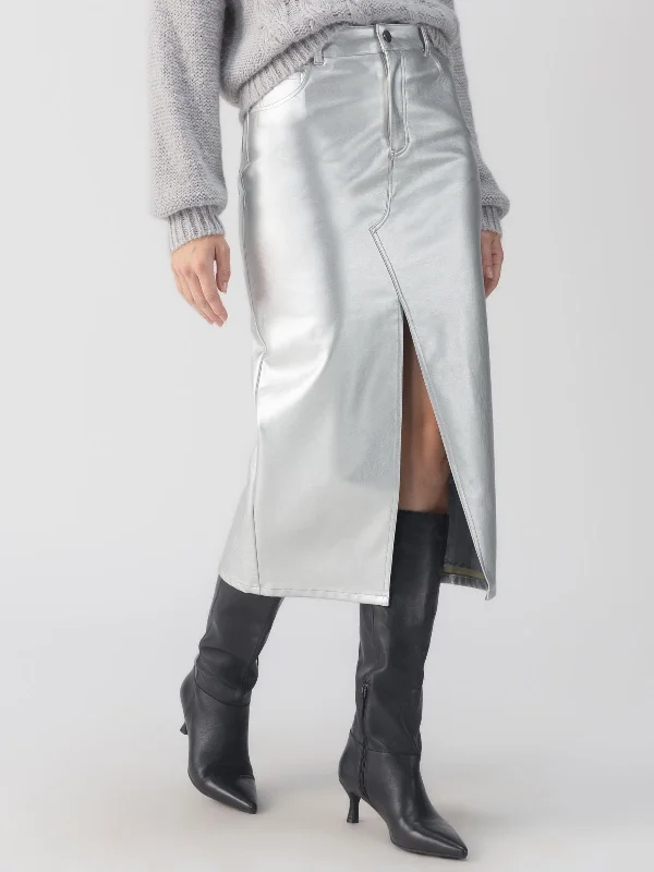 women's lightweight evening skirtsLeather Like Midi Skirt Silver