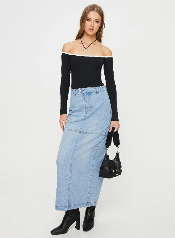 women's crochet maxi skirts for beach outingsMarkanna Denim Midi Skirt Light Wash